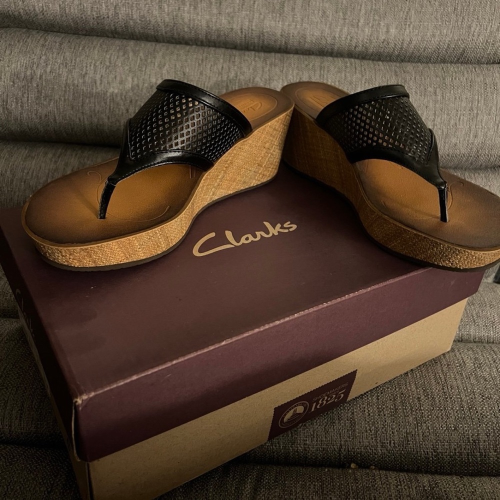 Clarks Black Wedge Shoes with Textured Straps